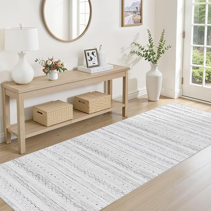 cotiled Hallway 2.6x10 Runner Rugs: Washable Boho Rugs with Non Slip Backing Large Soft Indoor Stain Resistant Carpet for Living Room Bedroom Farmhouse Dining Room Lightweight Home Decor Grey