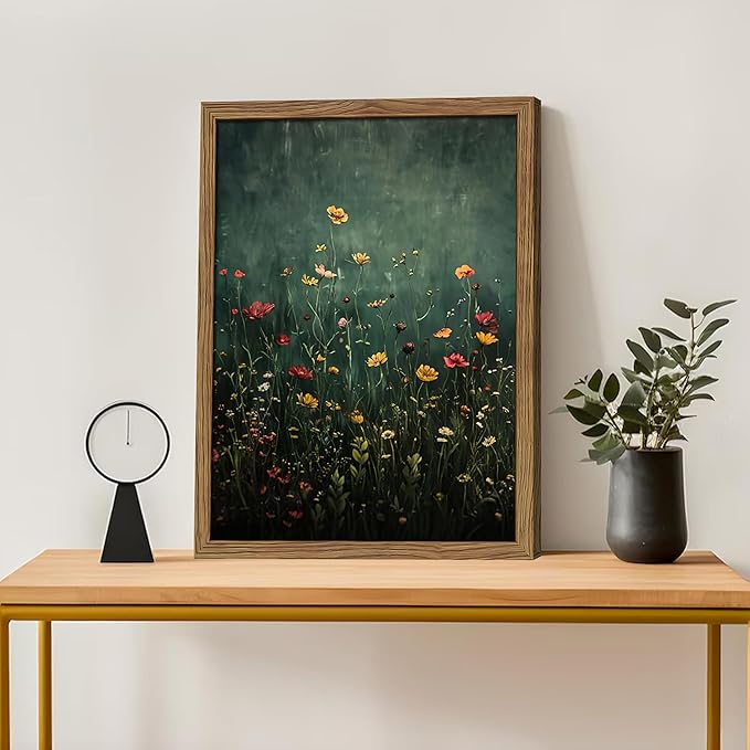 Wildflower Field Framed Wall Art, Vintage Botanical Flower Wall Decor, Modern Farmhouse Floral Canvas Art, Green Field Landscape Pictures Artwork for Living Room Bedroom – 16x24 inch