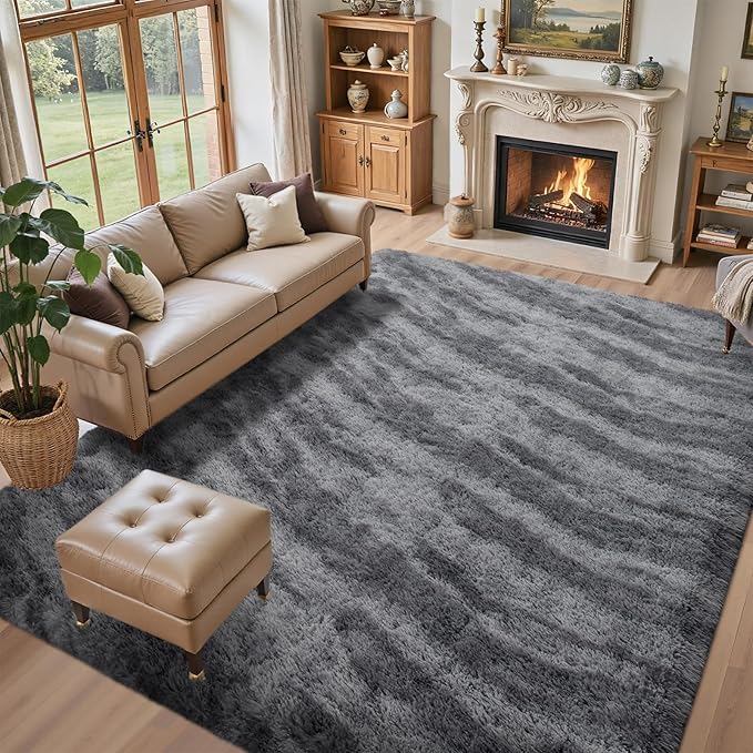 5x7 Ft Large Shag Rug for Living Room Bedroom,Tie-Dyed Ultra Soft Fluffy Furry Area Rug, Aesthetic Carpet for Indoor Floor Home Decor (Grey)