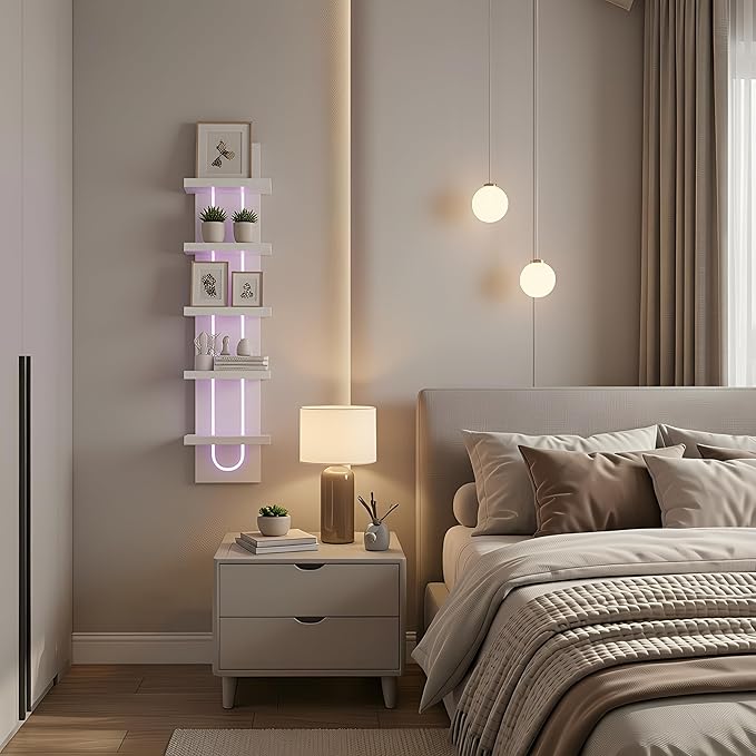 VIWODS 5 Tier Wall Shelf Unit with Light-Small Floating Shelves for Home Decor, Modern Unique Asymmetric Design for Bedroom & Living Room Storage