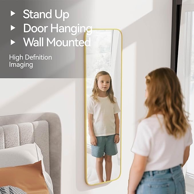 SCWF-GZ 47x14 Mirror Full Body Length Door Hanging/Rope Hang/Wall Mounted Metal Frame Rectangle Mirrors for Bedroom Bathroom Dressing Living Room 47 inch Gold