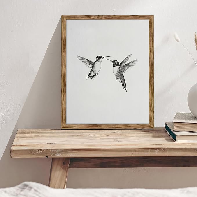 Vintage Wall Art Framed Hummingbird Canvas Print, Modern Farmhouse Birds Wall Decor, Living Room Sketch Painting Picture, Minimalist Black and White Bird Bedroom Decor – 12x16 inch