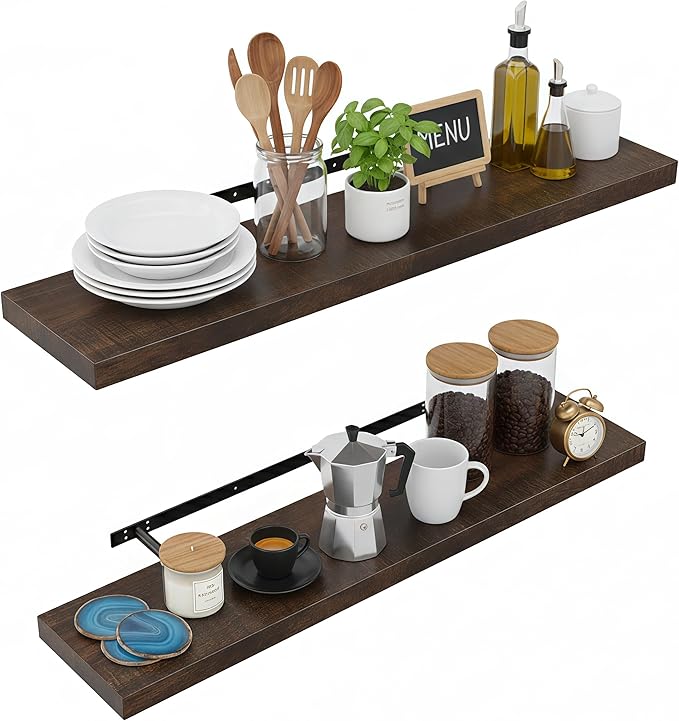 Lufia Floating Wall Shelves, Set of 2, MDF with Invisible Brackets, Modern Storage for Bedroom, Bathroom, Living Room, Kitchen (Rustic Brown, 32" W x 7" D x 1.5" H)