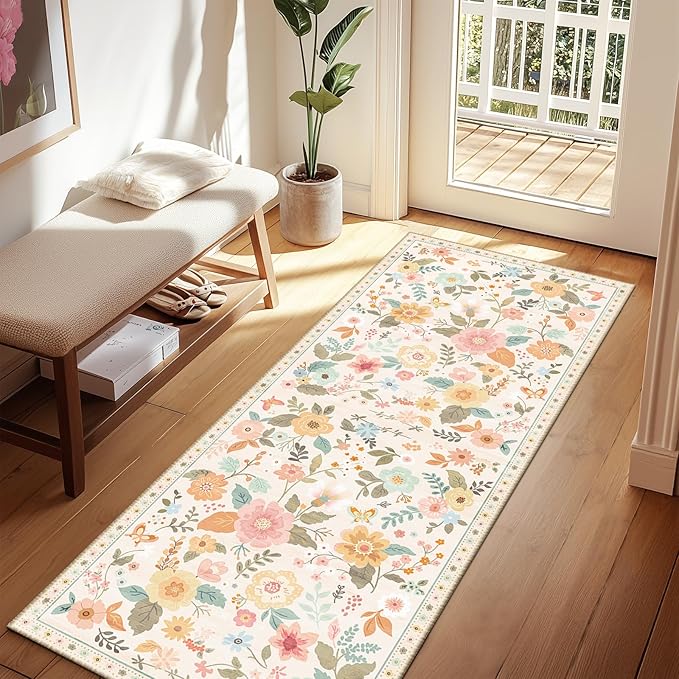 RELEANY Floral Nursery 2x6 Area Rugs Washable Print Boho Cute Carpet Non Slip Flower Low Pile for Living Room Kids Girls Playroom Bedroom Kitchen Office Farmhouse-Beige/White/Orange