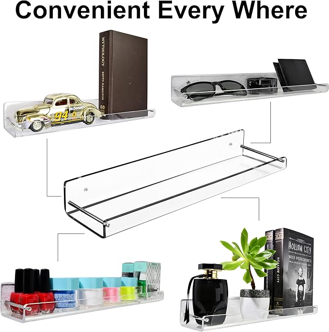 AMT 2 Pack Acrylic Bathroom Shelves 15 Inch Clear Floating Wall Mounted Storage Bookshelf, Invisible Display for Office, Bedroom, Small Gap for Water to Escape, Free Screws & Drill Bit (Medium)