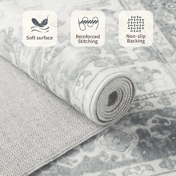 Rugxara 8x10 Washable Area Rug for Living Room, Extra Large Neutral Vintage Boho Rugs for Office, Kids Room, Farmhouse, Durable Low Pile Non Slip Carpet for High Traffic Areas, Light Grey