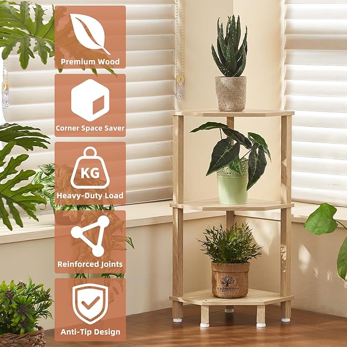 YUFAM 3-Tier Corner Shelf with Sturdy 5-Leg Base, 29in Tall Narrow Bookcase for Small Spaces, Wooden Plant Display Shelf, Thin Bookshelf for Living Room, Bedroom, Office, Natural