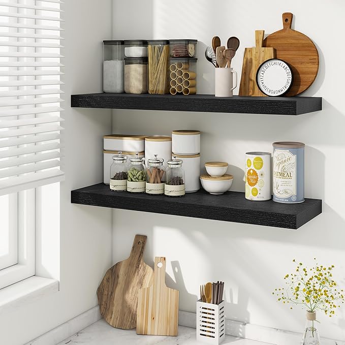 Fun Memories 9.3Inch Deep Floating Shelves for Wall, 30 Inch Rustic Wood Wall Mounted Shelves for Bathroom, Bedroom, Kitchen, Deep Floating Shelf for Storage & Home Decor (Black, Set of 2)