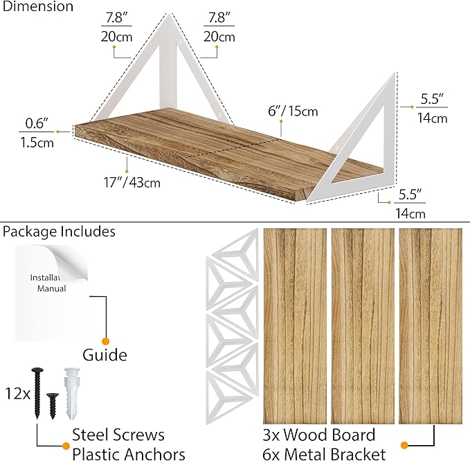Wallniture Minori Wood Floating Shelves for Wall Storage, Wall Book Shelves for Living Room Decor, Geometric Triangle Shelf Set of 3, Burned Finish