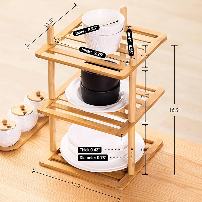 3-Tier Cabinet Organizer Shelf - Bamboo Corner Rack for Kitchen Counter, Cabinet Space Saver for Plates, Dishes, Bowls, Bread - Pantry and Bathroom Storage or Countertop(1, 3Tier-Large-6.7"H)