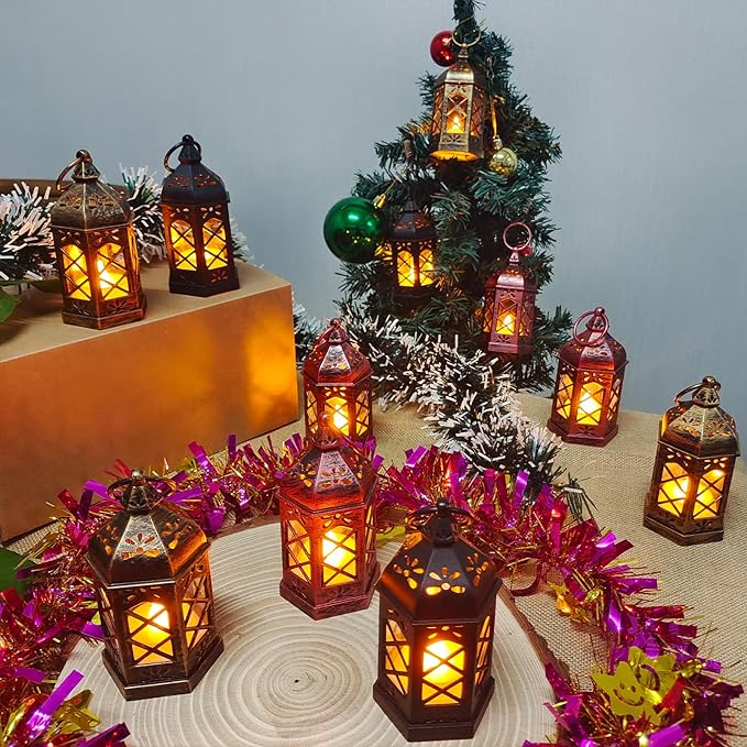 Mini Lantern Decorative, 12Pcs Small Lanterns with LED Candle, Ramadan Decorations, Hanging Vintage Moroccan Lantern Bulk for Easter Wedding Xmas Party Table Centerpiece, Brushed Brass
