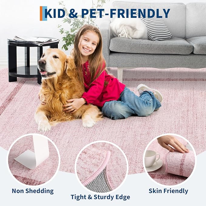 GarveeHome Scalloped Washable Area Rugs 8x10 Rugs for Living Room Modern Bedroom Rug Large Area Rug Non Slip Throw Rugs Soft Low Pile Stain Resistant Carpet for Classroom Dining Room 8'x10' Pink