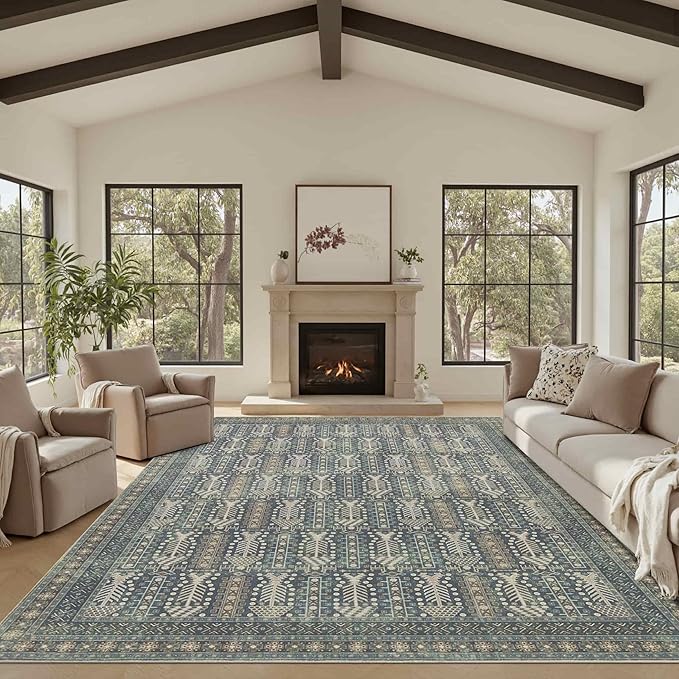 Rugxara 8x10 Washable Area Rugs for Living Room&Bedroom - Floral Boho Vintage Rug,Soft & Non-Slip,Low Pile Wool Carpet for Indoor Dining Room,Girls Room,Nursery Room and Kids Room(Ivory Blue)