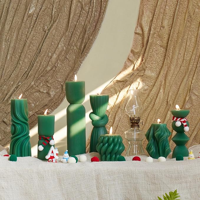 7-Pack Pillar Candles - Soy Wax Handmade Ribbed Candles for Home Decor, Housewarming Gift, Shelf & Table Decor - Aesthetic Modern Candles Set (Green)
