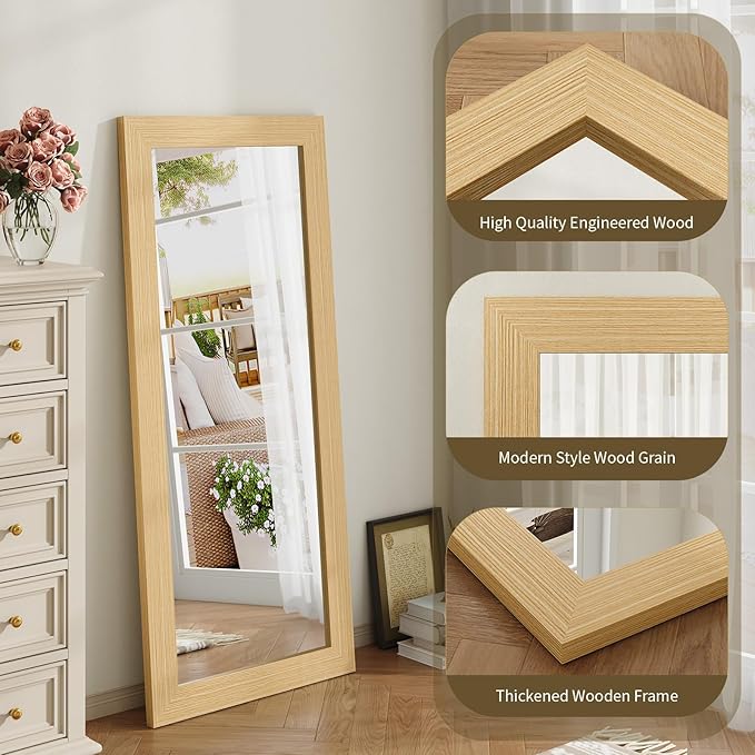 Syndra Modern Full Length Mirror Wood Frame, 56x20'' Large Floor Mirror with HD Tempered Glass & Wall Mount Option, Rectangular Standing Mirror for Bedroom, Living Room, Entryway, Farmhouse(Natural)