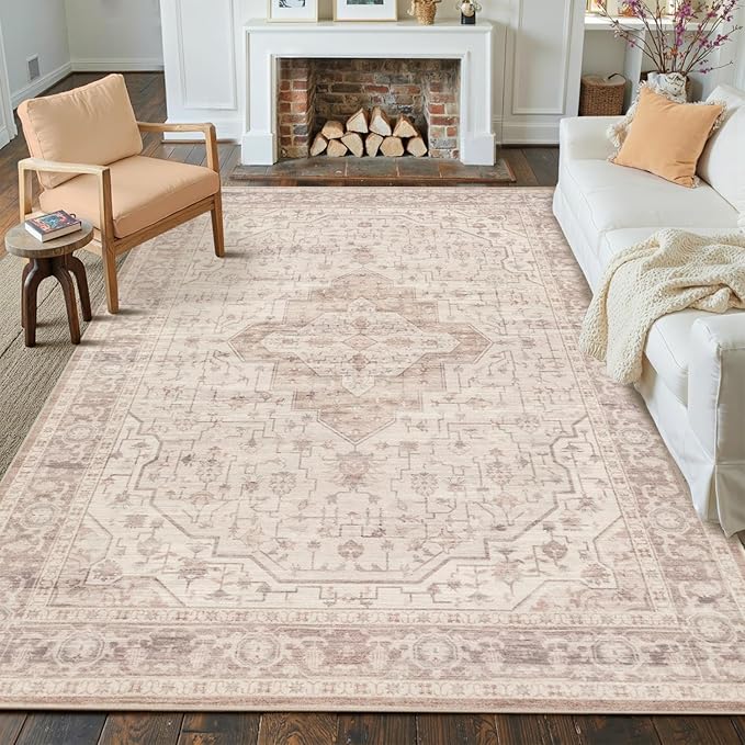 8x10 Washable Area Rug for Living Room & Bedroom, Extra Lager Soft Pink Rugs for Girls Women, Non Slip, Durable Low Pile Carpet, Vintage Carpets for Office, Dining Room, Farmhouse and Kids Room