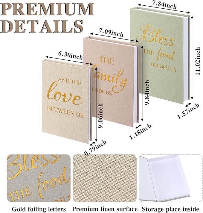 Weysat Set of 3 Linen Covered Decor Books Decorative Books for Home Decor Bless Family Love Stacked Aesthetic Fake Storage Boxes for Coffee Table, Shelf, Console Table, Fireplace Mantel