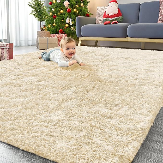 OLANLY 8x10 Machine Washable Large Area Rugs for Living Room, Bedroom, Soft Fluffy Shaggy Bedside Rug, Indoor Floor Carpet for Kids Girls and Boys, Dorms, Nursery, Home Decor Aesthetic, Cream