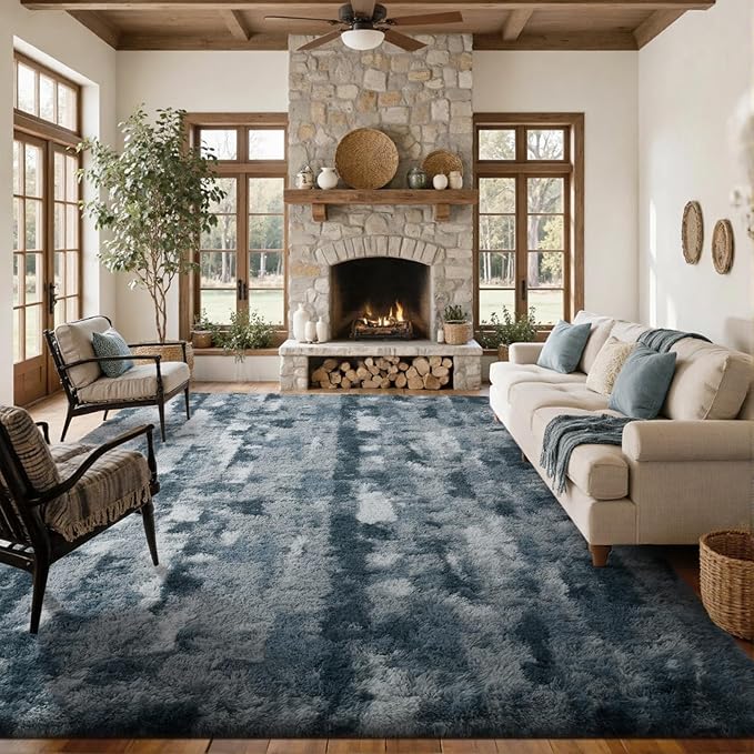 Area Rugs for Living Room 8x10 Feet, Soft Fluffy Shagg Plush Bedroom Rug Non-Slip,Large Carpet for Nursery Kids Dorm Home Decor Grey White