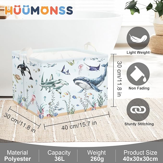 Ocean Animals Baby Laundry Hamper Collapsible Clothes Kids Storage Basket Large Boys Girls Gift Toy Box Bin for Nursery Room, Blue Shark, 36L