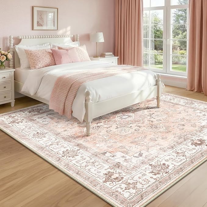 CAPALOCA Machine Washable Rugs Nursery Rug Sq8ft Cute Girl Non Slip Low Pile Water Repellent Soft Print Pattern for Bedroom Indoor Decor Kids Playroom Pink