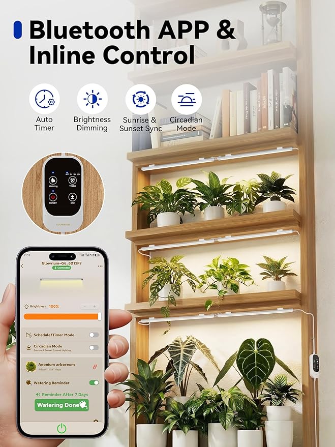 GLOWRIUM Smart Grow Lights for Indoor Plants with APP, Full Spectrum Grow Lights for Seed Starting, G6 Plant Light Strip with auto Timer, 3 Angle dimming Levels for Plant Shelf, 6-Pack (White, 48W)