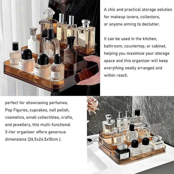 Perfume Stand Organizer - 3 Tier Fragrance Storage Shelf - Figure Lotion Skincare Display Stand Shelves, Spice Vitamins Medicine Bottles Holder, Dessert Table Sturdy Rack for Kitchen Bathroom Countertop Cabinet Vanity Makeup Cosmetics Skincare