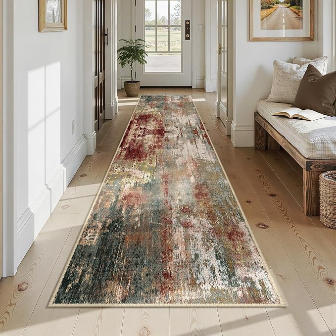 RELEANY Washable Area Rugs 2'6"x12 Non-Slip Modern Abstract Soft for Living Room Entryway Bedroom Nursery, Print Pattern, Brown Rust Red Green Blue Multi
