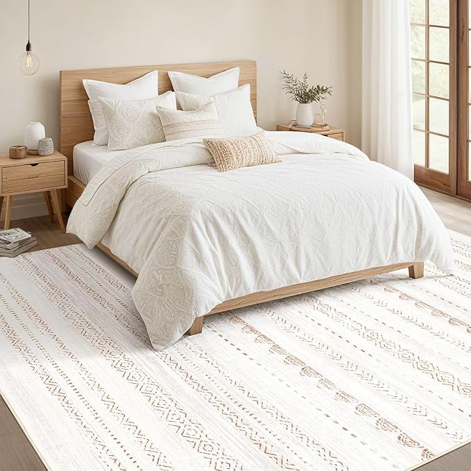 Nakagishi Area Rug Living Room Rugs: 8x11 Large Soft Machine Washable Boho Moroccan FarmNeutral Stain Resistant Indoor Floor Carpet for Bedroom Under Dining Table Home Office Decor-Cream Brown