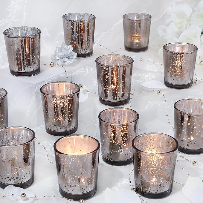 UPBUD Black Votive Candle Holders Set of 24, Speckled Mercury Candle Holders for Wedding Centerpiece Table Decorations, Tealight Candle Holder for Party Bridal Shower Decor, Home Decor