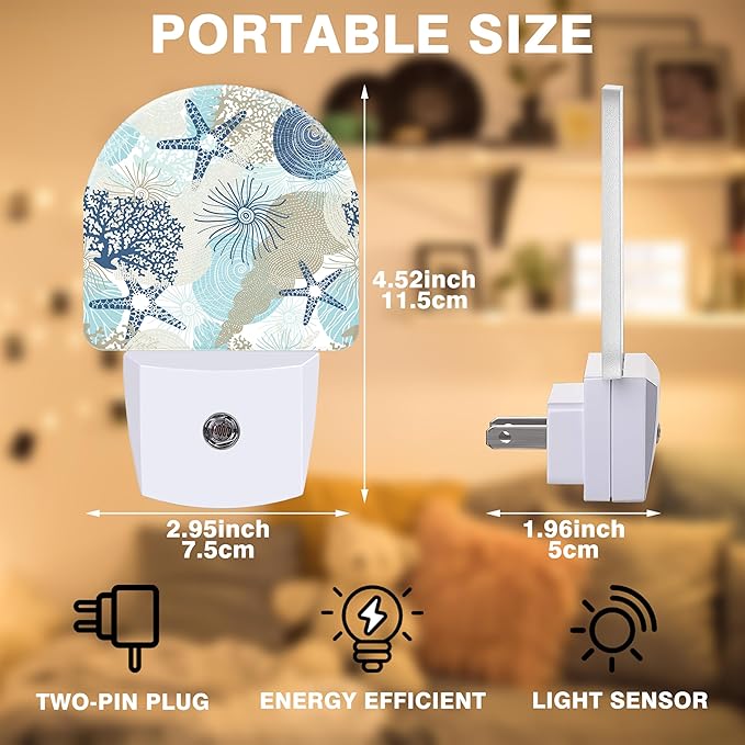 Night Light, Corals and Seashells Night Lights Plug into Wall Dusk to Dawn Sensor Round Nightlight for Women Men Energy Efficient Led Lamp 0.5W for Stairway Hallway Bedroom