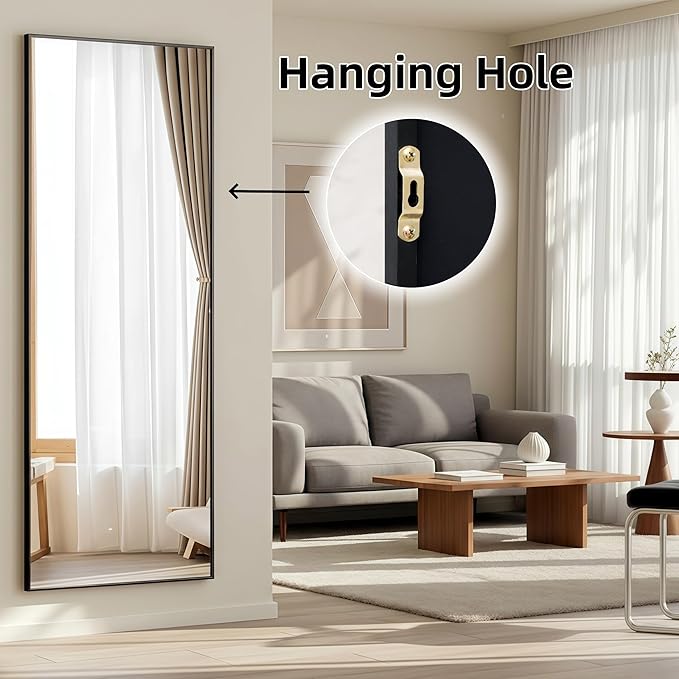 Full Length Mirror 56"x21" Black Rectangle Floor Mirror with Stand, Aluminum Alloy Frame Tempered Glass Full Body Mirror, Wall Mountable Standing for Bedroom Bathroom Living Room Entryway
