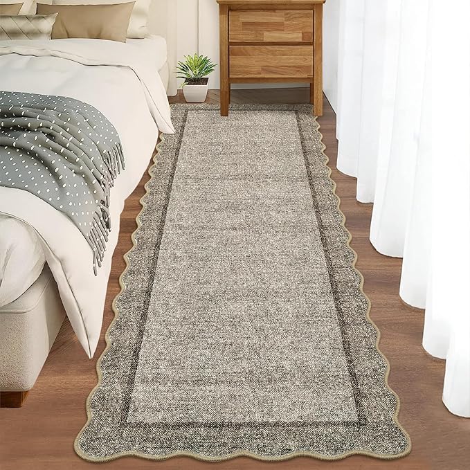 GarveeHome Scalloped Washable Runner Rug 2x6 Runner Non Slip Kitchen Rugs Modern Brown Entryway Rug Farmhouse Soft Bathroom Rugs Stain Resistant Carpet for Hallway Laundry Bedroom 2 ft x6 ft Brown