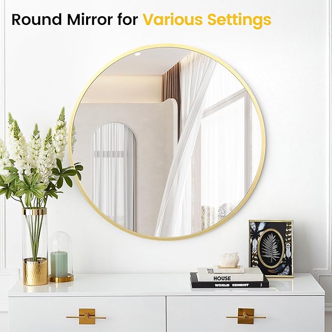 GarveeHome Gold Circle Mirror for Bathroom, 24 Inch Aluminum Alloy Frame Round Mirror, High Definition Eco-Friendly Round Bathroom Mirror for Over Sink, Wall Mirror for Entryway, Bathroom, Vanity