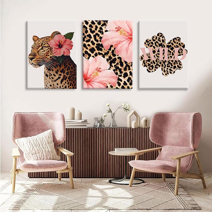Trendy Leopard Wall Art Pink Cheetah Print Room Decor Leopard Flower Canvas Wall Decor Cheetah Aesthetic Poster Girly Pink Preppy Picture Funky Y2k Artwork for Girl Bedroom 12x16x3 Inch Wrapped Canvas