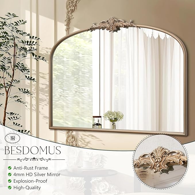 Besdomus Arched Vintage Gold Mirror: 40"x29" French Large Champagne Gold Antique Wall Mounted Mirror - Baroque Traditional Ornate for Fireplace/Bathroom/Living Room - Home Decor for Fashion-Conscious