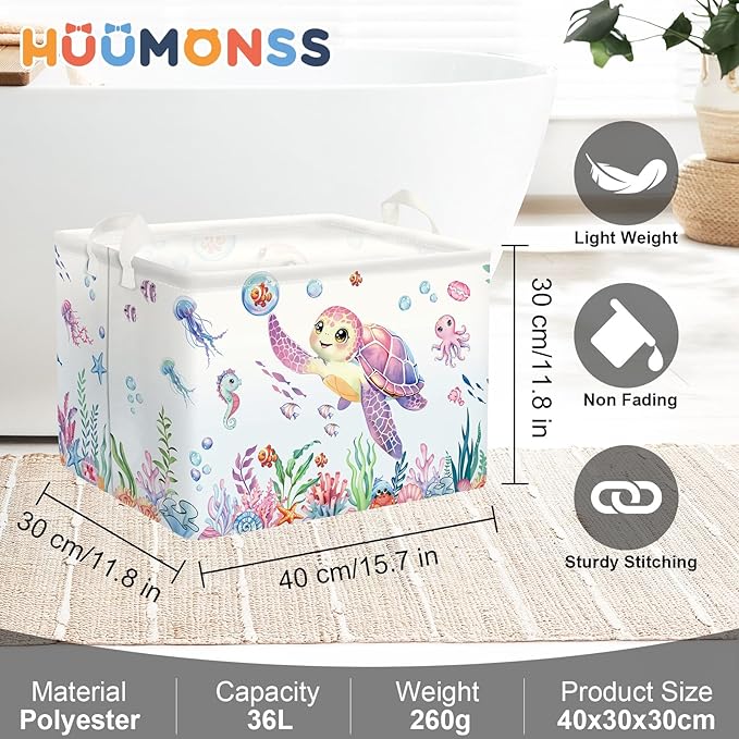 Ocean Animals Baby Laundry Hamper Collapsible Clothes Kids Storage Basket Large Boys Girls Gift Toy Box Bin for Nursery Room, Sea Turtle, 36L