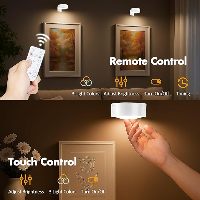 6Pcs Picture Light Battery Operated, Magnetic Led Painting Light with Remote Dimmable and Timer, 3 Lighting Modes Art Display Light for Picture Frame Paintings, Wireless Wall Decor Puck Lights