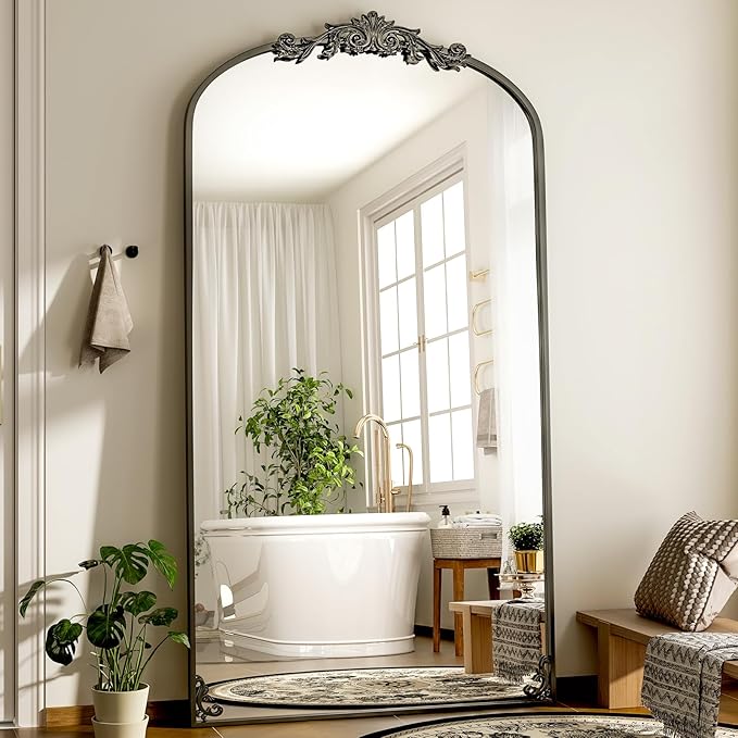 GLSLAND Vintage Mirror - 72"x 44" Full Length Mirror Large Carved Arched with Metal Frame Baroque Full Body Mirrors for Bathroom/Living Room/Entryway,Black