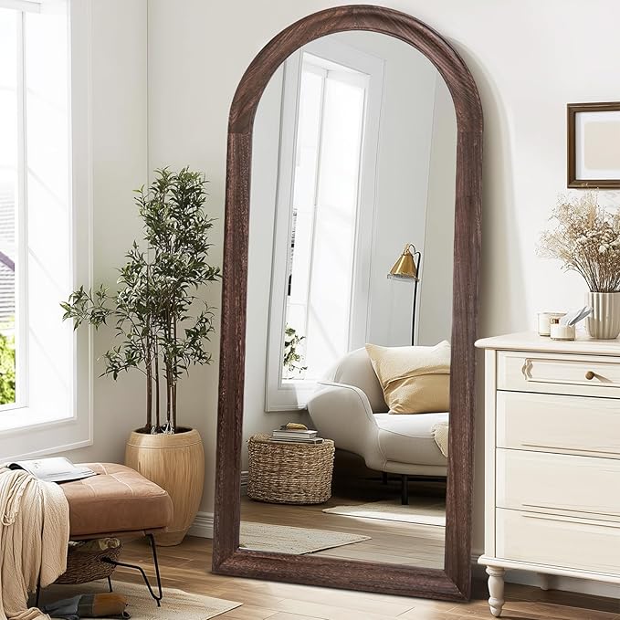 Arched Full Length Mirror 71"x32" - Rustic Brown Solid Wood Wall Mirror, Oversized Leaning or Mounted Design for Bedroom, Entryway, Living Room Décor