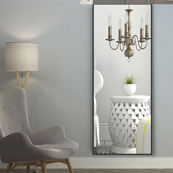 NeuType Full Length Mirror, 64"x21" Body Mirror with Stand Floor Standing Wall-Mounted Hanging or Leaning Against Wall Aluminum Alloy Thin Frame (Black)