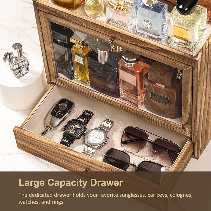 Emfogo Cologne Organizer for Men, Solid Wood Perfumes Organizer for Men Dresser, Large Capacity Dustproof Cologne Holder with Drawer Storage Perfume Stand Organizer, Ideal Gift for Loved ones