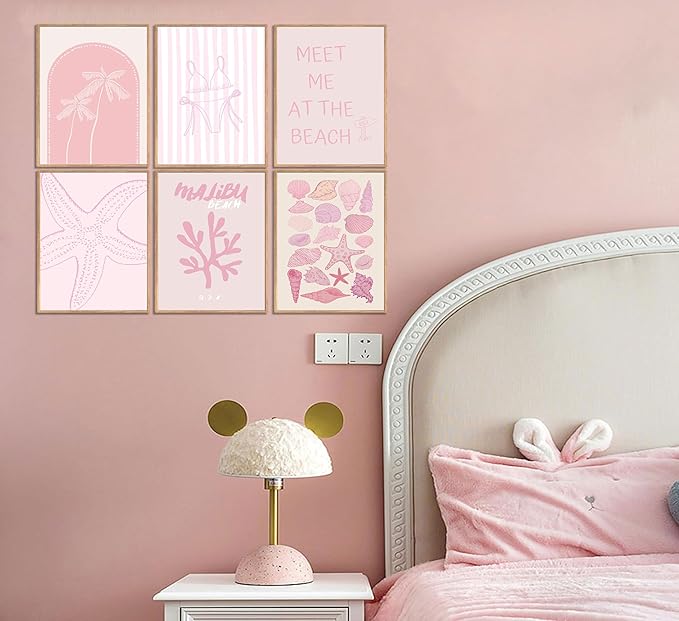 6Pcs Pink Coastal Preppy Wall art Beach Granddaughter Aesthetic Room Painting Picture Wall Decor Shells Oyster Starfish Poster Print Artwork for Girls Room Girls Dorm Home Decoration 8x10in