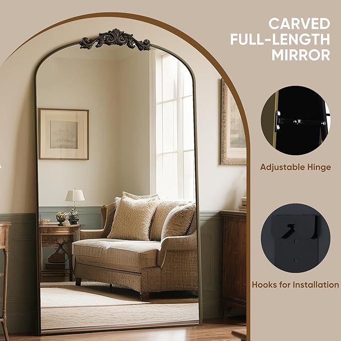 Antok Arched Full Length Mirror, 81"x41" Floor Mirror with Carved, Full Body Mirrors for HomeDecor, Standing/Halling Large Wall Mirror for Bedroom, Living Room, Cloakroom, Bronze, Retro Style