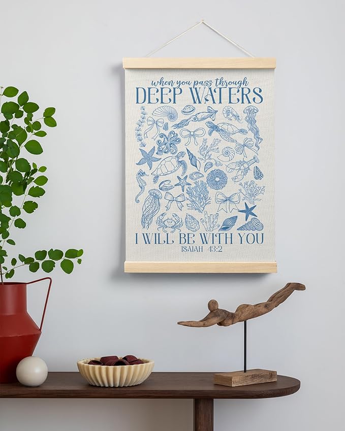 FGFK Retro Blue Christian Ocean Wall Art Poster Hanger Frame, Coastal Beach Isaiah 43:2 Bible Verse Religious Canvas Prints Framed Wall Decor for Home Office, 12x16 Inch