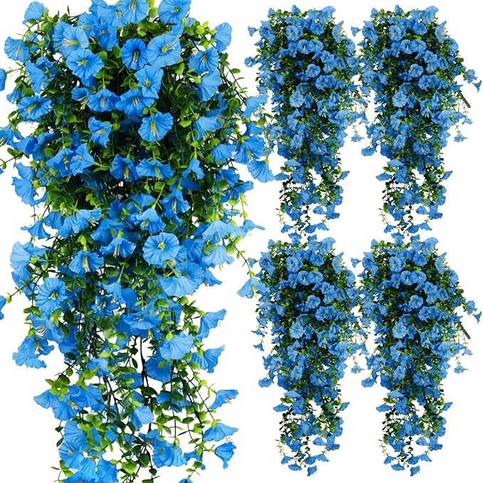 4-Pack Fake Hanging Plants, Faux Hanging Plant Artificial Greenery for Living Room Bedroom Boho Wall Shelf Indoor Outdoor Decor (Blue Morning Glory)