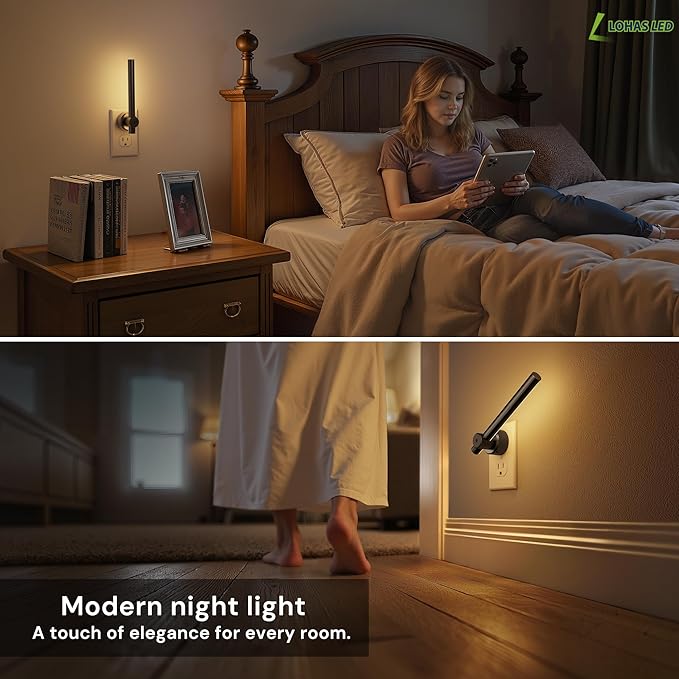 L LOHAS LED Night Light Plug in, 2Pack Dimmable Night Lights Plug into Wall, 330°Rotating Nightlight with Dusk to Dawn Sensor, Soft White, 0-100LM Modern Black Nightlights for Bathroom Mirror Restroom