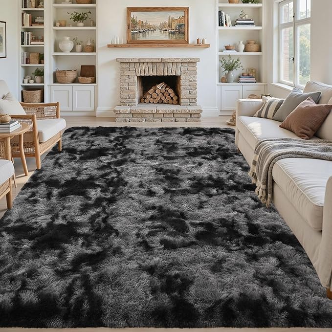 Area Rugs for Living Room 9x12 Black Grey Fluffy Rug,Super Fuzzy Fur Bedroom Carpet for Boys Dorm Office Nursery Modern Home Decor