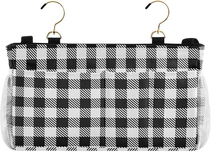 Buffalo Plaid Check Black Print Bedside Caddy Storage Bag Bedside Organizer for Bunk Bed Headboards College Organizer Caddy Hanging Shelf 6 Pockets with Hooks for Drinks Magazine Phone Holder