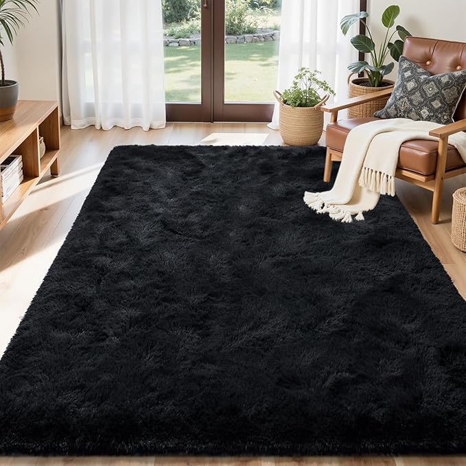 Black Rugs for Bedroom Fluffy 3x5 ft Living Room Rug Non-Slip Area Rugs Shag Carpet for Nursery Kids PlayRoom Dorm Office Indoor Modern Plush Carpets Boys